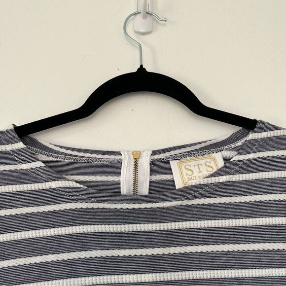 Sail to Sable Blue White Stripe Delicate Eyelet Long Sleeve Shift Dress - Picture 6 of 8